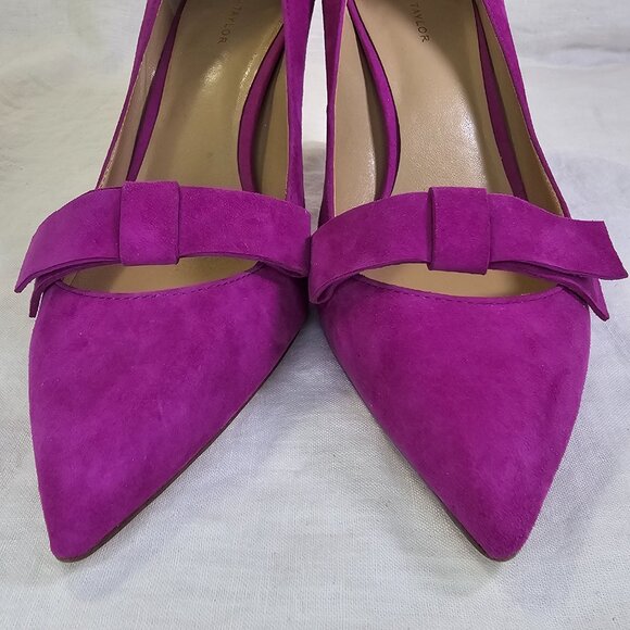 Ann Taylor Odette Suede Bow 3.25” Stiletto Heel Pump 8.5 Cool Berry Fuchsia - Picture 4 of 13